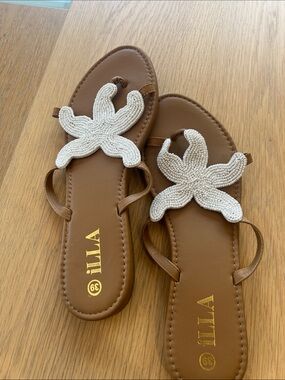 Brown Leatherette Beaded Starfish Sandals - White Bead Accent